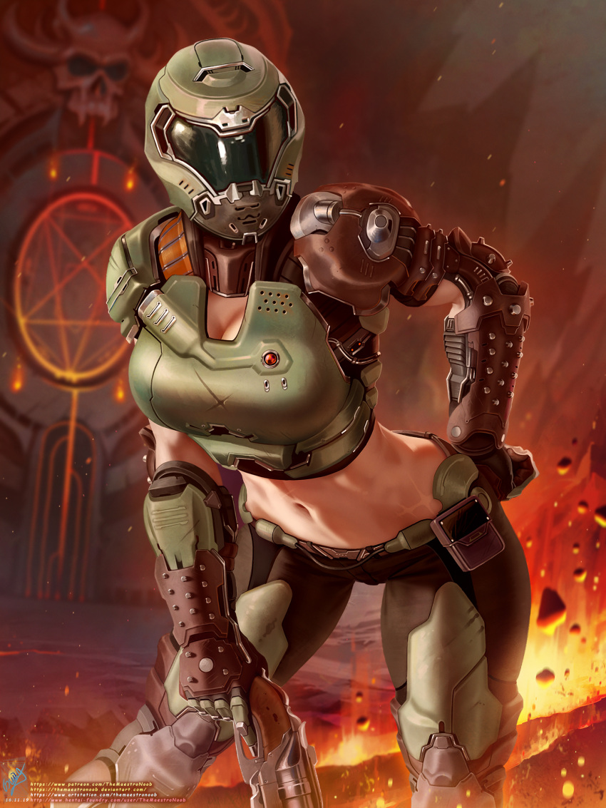 1girl armor black_pants blurry blurry_background breasts cleavage commentary contrapposto dated doom_(game) doomguy english_commentary facing_viewer fire genderswap genderswap_(mtf) georgy_stacker gun hand_on_hip helmet highres holding holding_gun holding_weapon leaning_forward medium_breasts midriff navel pants pentagram scar solo watermark weapon web_address