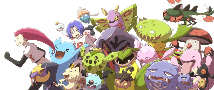 1boy 1girl amoonguss arbok black_gloves blue_hair cacnea chimecho closed_eyes dustox earrings frillish gen_1_pokemon gen_2_pokemon gen_3_pokemon gen_4_pokemon gen_5_pokemon gen_6_pokemon gloves happy highres inkay jewelry kojirou_(pokemon) lickitung meowth mime_jr. misonikomiii musashi_(pokemon) pokemon pokemon_(anime) pumpkaboo seviper smile standing team_rocket tongue tongue_out victreebel weezing white_background wobbuffet woobat yamask yanma