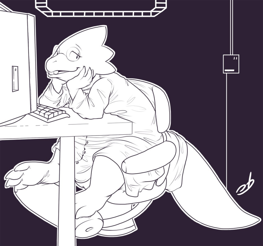 alphys anthro buckteeth chair claws clothed clothing computer eyewear female furniture glasses head_in_hands leaning leaning_forward looking_aside open_mouth reptile scalie sitting solo stormdragonblue teeth thick_tail undertale video_games