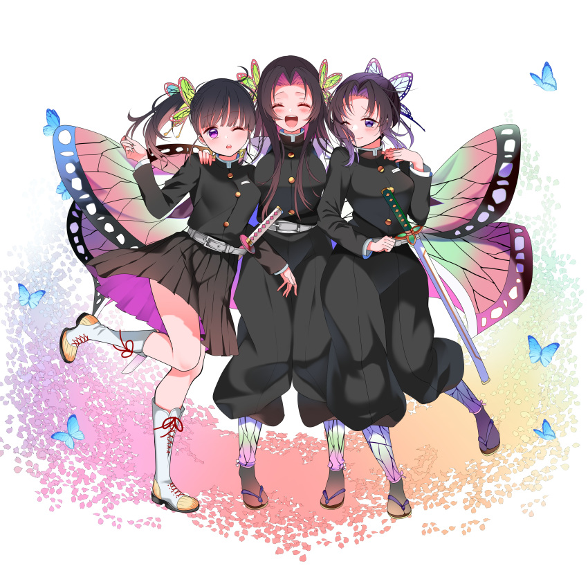 3girls absurdres animal_print bangs bare_legs belt black_hair black_pants black_skirt blue_butterfly blush boots breasts bug butterfly butterfly_hair_ornament butterfly_print cherry_blossoms closed_eyes coat cross-laced_footwear geta gradient_hair hair_ornament haori highres hug insect japanese_clothes katana kimetsu_no_yaiba knee_boots kochou_kanae kochou_shinobu long_hair long_sleeves looking_at_another looking_at_viewer medium_breasts multicolored_hair multiple_girls one_eye_closed open_mouth pants parted_bangs petals pink_hair piyopoyo pleated_skirt purple_eyes purple_hair sandals scabbard sheath sheathed short_hair siblings side_ponytail sisters skirt smile sword thighs tsuyuri_kanao two-tone_hair uniform weapon white_background white_footwear wide_sleeves