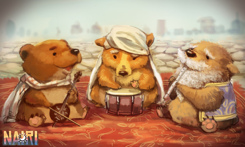 2016 anthro brown_body brown_fur fur group hi_res homebearstudio mammal musical_instrument nairi:_tower_of_shirin official_art outside sitting ursid video_games