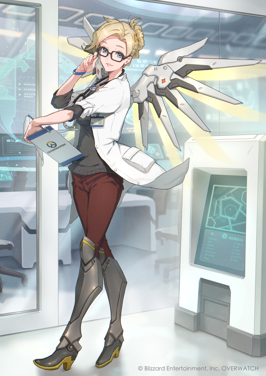 1girl absurdres adjusting_eyewear alternate_costume blonde_hair blue_eyes boots clipboard copyright doctor dr._ziegler_(overwatch) eito_nishikawa eyelashes folded_ponytail glasses hair_ornament hairclip high_heels highres huge_filesize knee_boots labcoat mechanical_wings mercy_(overwatch) name_tag official_art overwatch overwatch_(logo) parted_lips smile solo stethoscope wings wristband