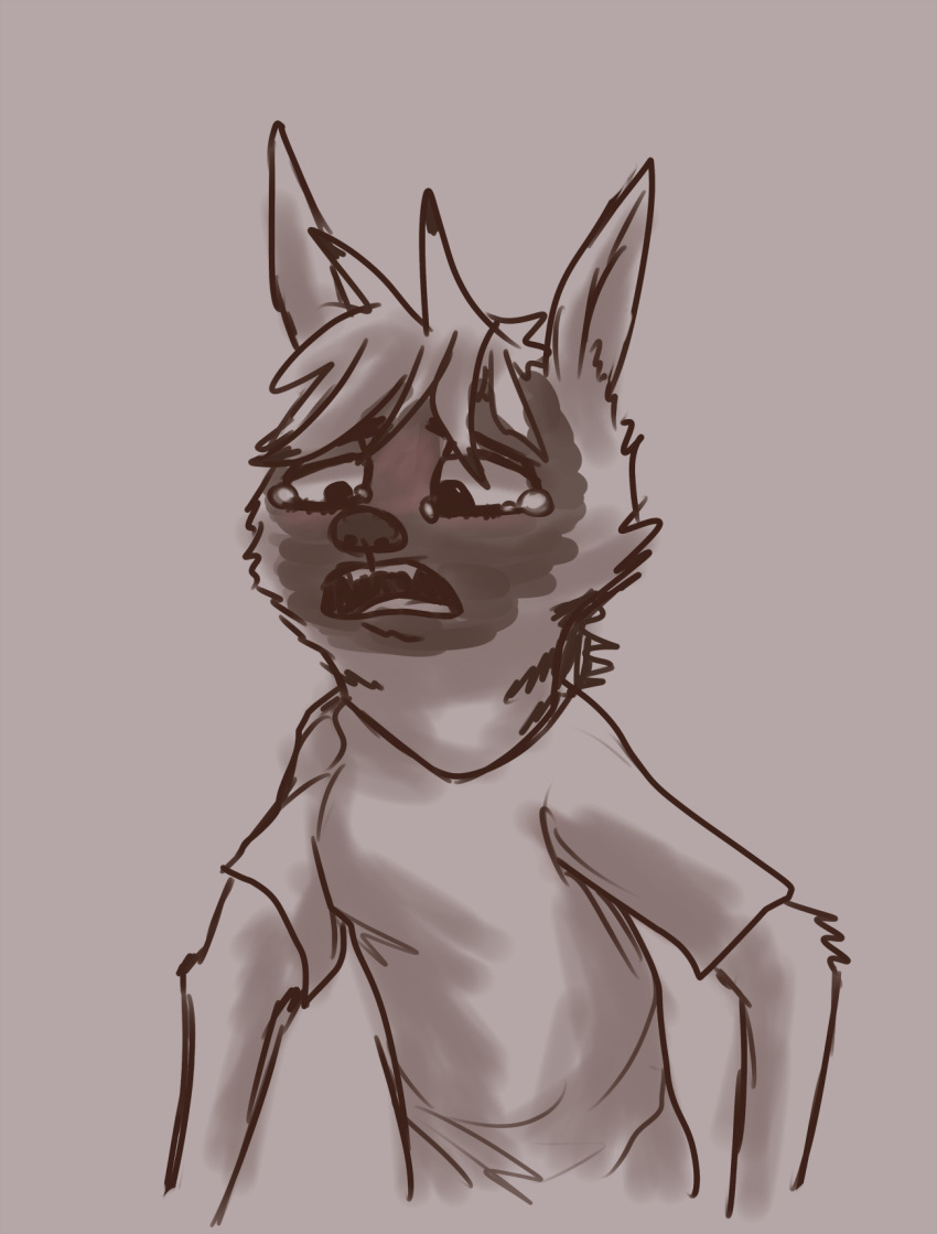 aardwolf ambiguous_gender anthro bodily_fluids clothed clothing disney famished_(artist) head_tuft hi_res hyaenid mammal monochrome open_mouth pack_street shirt solo tears topwear tuft wolter_(weaver) zootopia