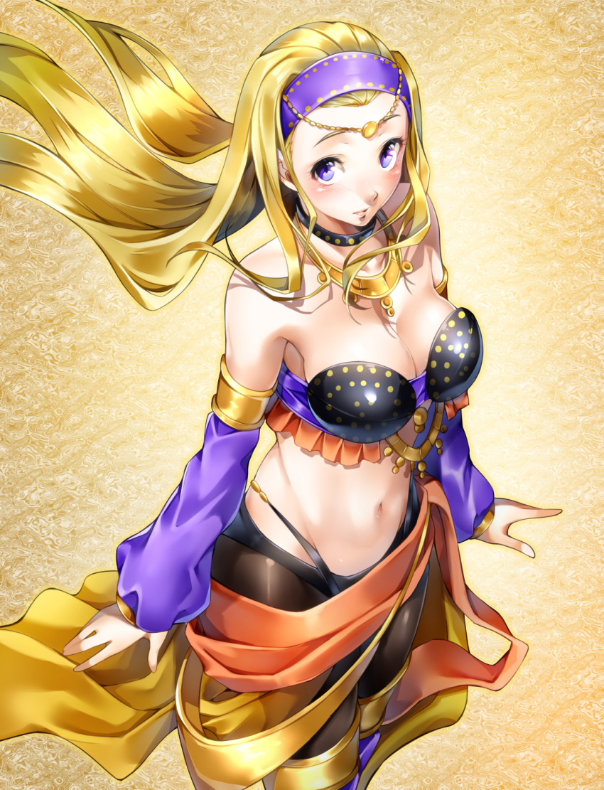1girl blonde_hair blue_eyes blush breasts choker cleavage crop_top dancer detached_sleeves dragon_quest dragon_quest_xi from_above hairband highres jewelry long_hair looking_at_viewer medium_breasts midriff nakano_maru navel necklace pantyhose purple_legwear senya_(dq11) solo strapless thighhighs