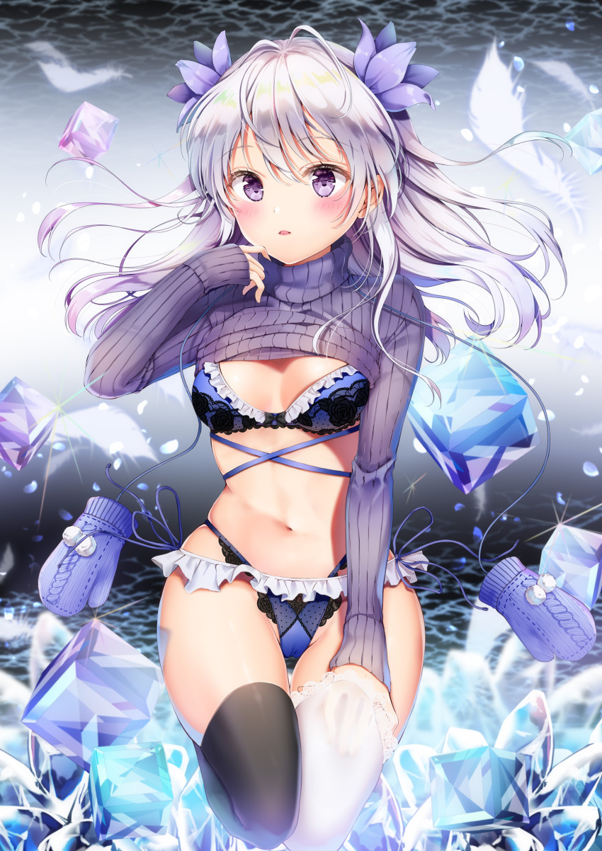 1girl absurdres ahoge black_legwear blue_bra blue_panties blush bra breasts cameltoe cleavage clothes_lift crystal floating_hair frills glint hair_ornament hand_up highres lace lace-trimmed_legwear leg_up lingerie long_hair long_sleeves looking_at_viewer medium_breasts mismatched_legwear mittens navel no_pants original panties parted_lips purple_eyes ribbed_sweater side-tie_panties silver_hair skindentation solo stomach sweater sweater_lift thighhighs thighs turtleneck turtleneck_sweater underwear white_legwear yoshida_iyo