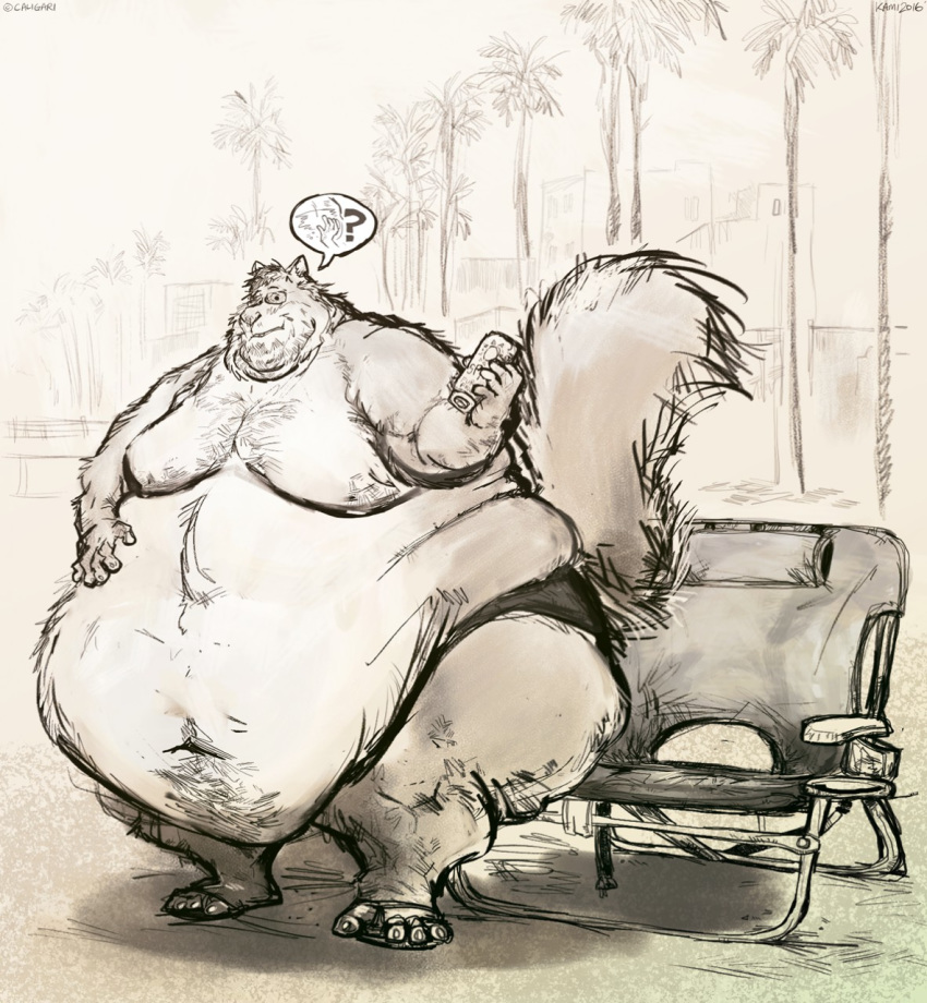 ? anthro aokmaidu belly belly_overhang big_belly caligari chair claws clothed clothing double_chin eyewear flip_flops footwear fur furniture glasses greyscale hand_on_stomach hi_res holding_object lawn_chair love_handles male mammal monochrome moobs morbidly_obese navel obese obese_male outside overweight overweight_male rodent sandals sciurid solo speech_bubble standing sunscreen thick_thighs toe_claws topless tree_squirrel wide_hips