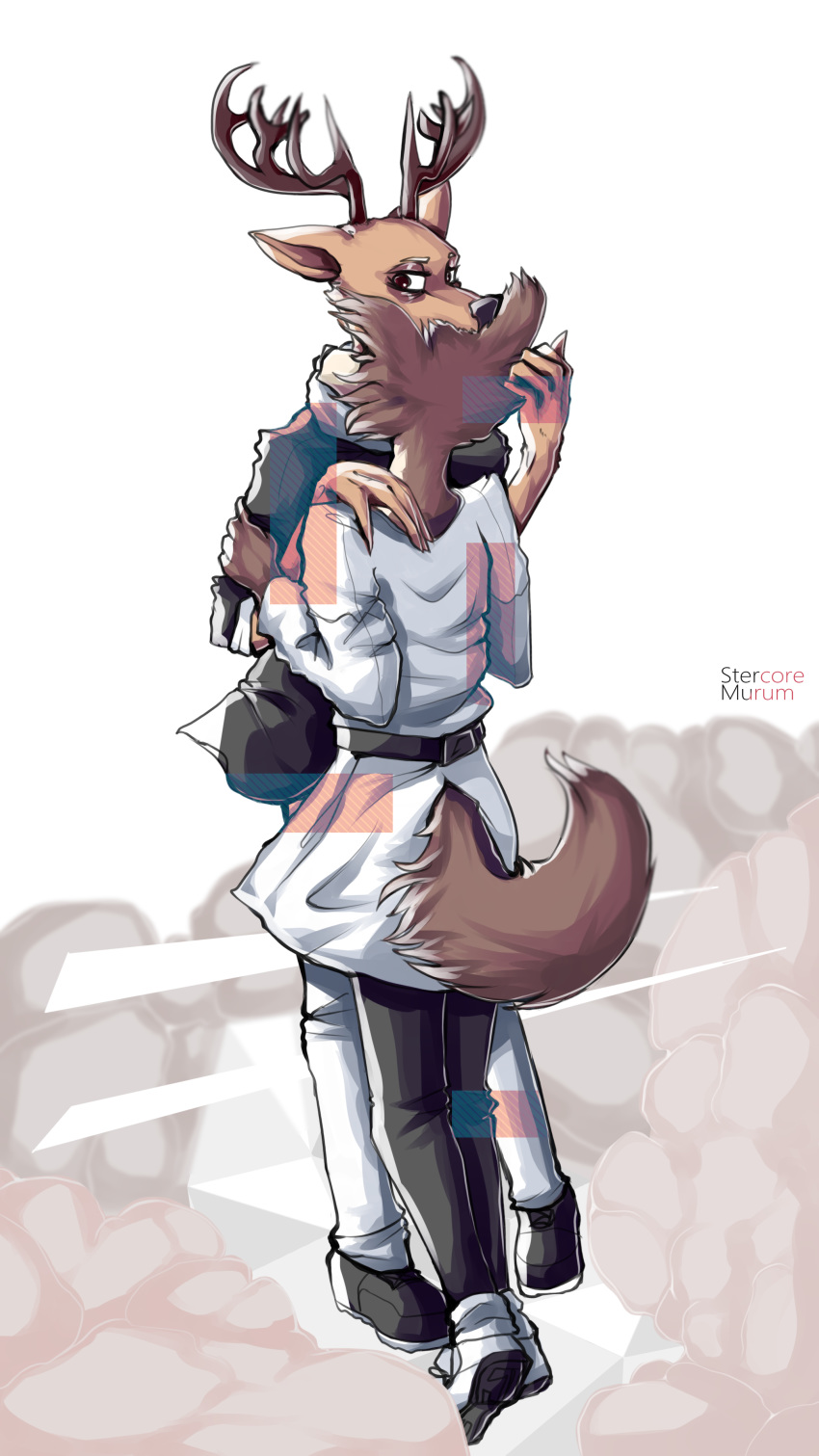 2019 5_fingers absurd_res anthro antlers beastars belt brown_body brown_eyes brown_fur brown_tail canid canine canis cervid clothed clothing duo female fingers fur hi_res horn hug juno_(beastars) louis_(beastars) male mammal multicolored_body multicolored_fur simple_background stercore_murum two_tone_body two_tone_fur white_body white_fur wolf