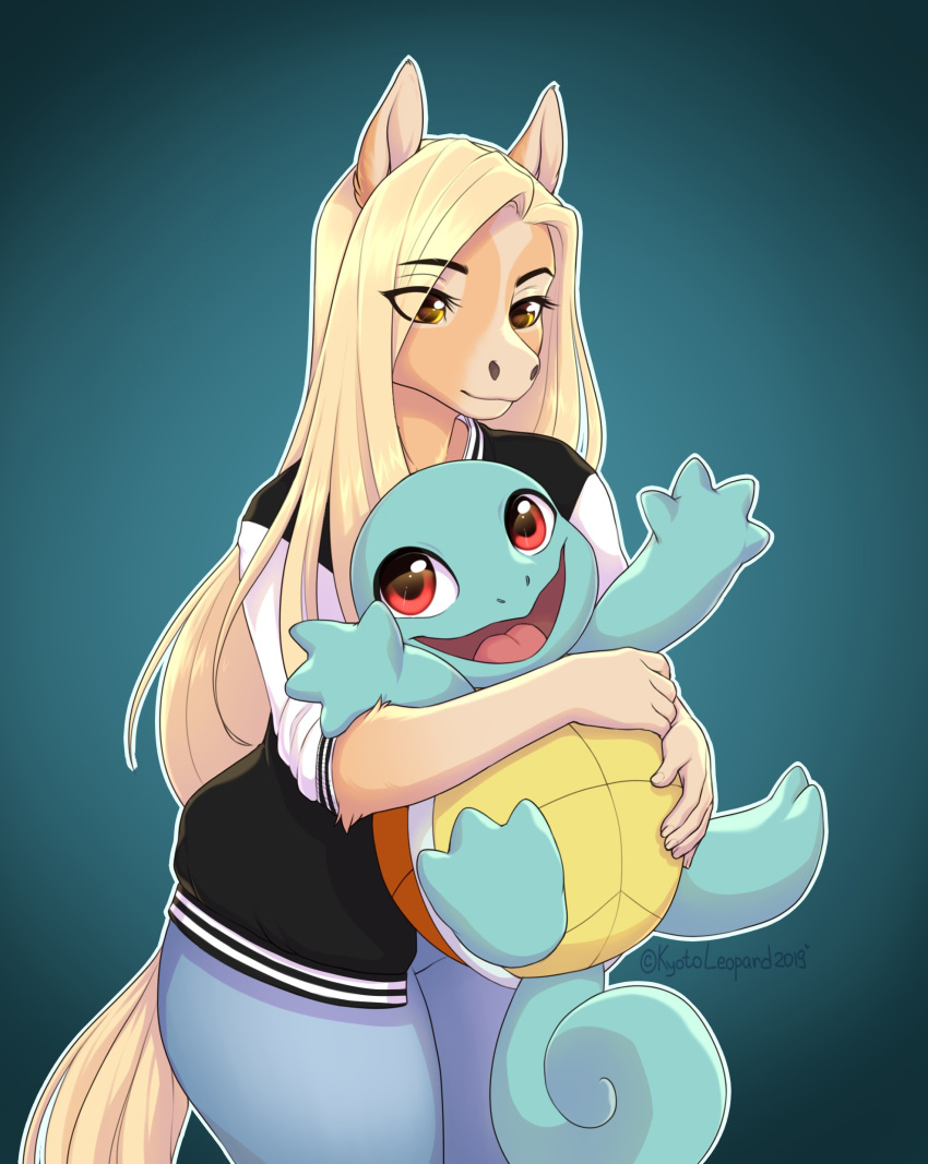 5_fingers absurd_res anthro blonde_hair blue_background clothed clothing duo equid equine eyebrows eyelashes female fingers hair happy hi_res horse kyotoleopard mammal nintendo pok&eacute;mon pok&eacute;mon_(species) red_eyes simple_background squirtle standing video_games yellow_eyes