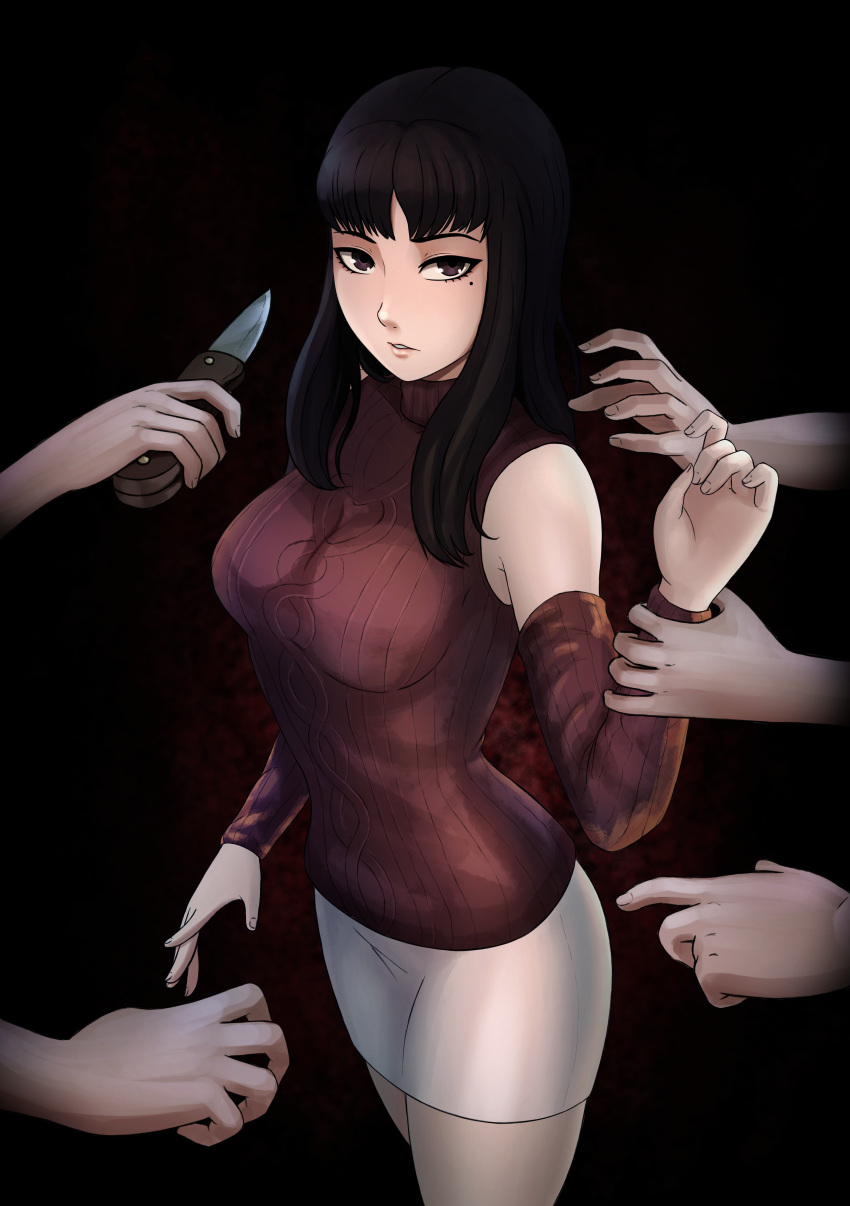 1girl absurdres aran_sweater bangs black_background black_hair breasts check_commentary commentary commentary_request detached_sleeves disembodied_hands english_commentary highres kawakami_tomie knife lips long_hair medium_breasts mixed-language_commentary mole mole_under_eye nowa_joestar pale_skin pencil_skirt purple_eyes purple_sweater skirt solo_focus spanish_commentary sweater tomie white_skirt wrist_grab