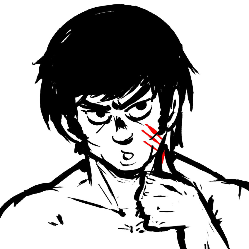 1boy akairiot bare_shoulders black_hair blood bruce_lee headband highres monochrome rambo real_life shirtless short_hair simple_background thumbs_up white_background