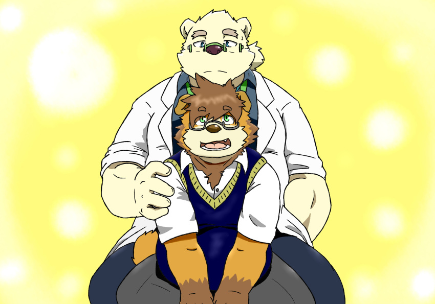 2019 absurd_res anthro bottomwear canid canine canis clothing domestic_dog duo eyewear fur glasses green_eyes hi_res humanoid_hands leib_(tas) male mammal overweight overweight_male pants polar_bear reddo12340 shirt sitting tokyo_afterschool_summoners topwear ursid ursine video_games white_body white_fur