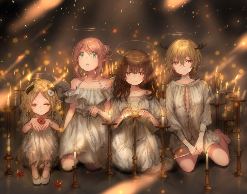 4girls absurdres black_hair blonde_hair blush breasts brown_hair canarinu closed_mouth dress fantasy flower green_eyes hair_flower hair_ornament halo highres horns huge_filesize knife long_hair multiple_girls open_mouth original ponytail red_eyes short_hair small_breasts white_dress