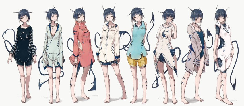 1girl adjusting_hair antennae arms_behind_back bangs bare_legs barefoot black_hair blue_hair blue_shorts blue_swimsuit bodysuit braid breast_pocket breasts cardigan cleavage dress dress_shirt full_body grill head_tilt highres jewelry long_sleeves looking_at_viewer looking_away looking_to_the_side medium_breasts miniskirt multicolored_hair multiple_views necklace one-piece_swimsuit original pendant pleated_skirt pocket red_dress shirt short_hair shorts sideways_glance simple_background skirt sleeveless sleeves_past_fingers sleeves_past_wrists smile swimsuit tail turtleneck two-tone_hair white_background white_hair yellow_shorts yohami_raiko yushika