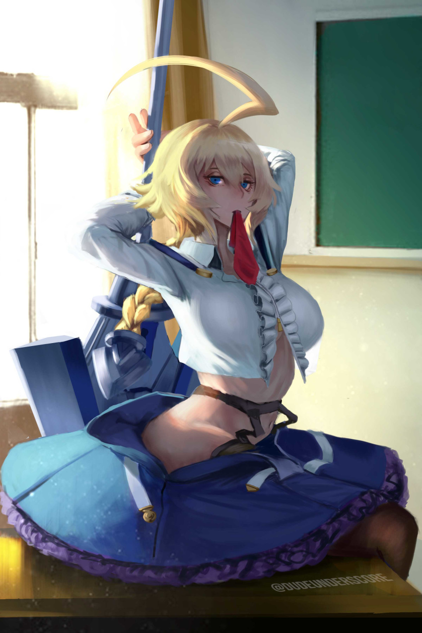 1girl absurdres ahoge backlighting black_legwear blazblue blazblue:_cross_tag_battle blonde_hair blue_eyes blue_skirt braid breasts classroom commentary day desk english_commentary es_(xblaze) frilled_shirt_collar frills garter_belt garter_straps highres huge_ahoge huge_weapon jacky_lau large_breasts long_braid long_hair long_skirt looking_at_viewer necktie necktie_in_mouth necktie_removed no_bra on_desk open_clothes open_skirt red_neckwear single_braid sitting skirt solo sword sword_behind_back thighhighs underboob weapon xblaze xblaze_code:_embryo