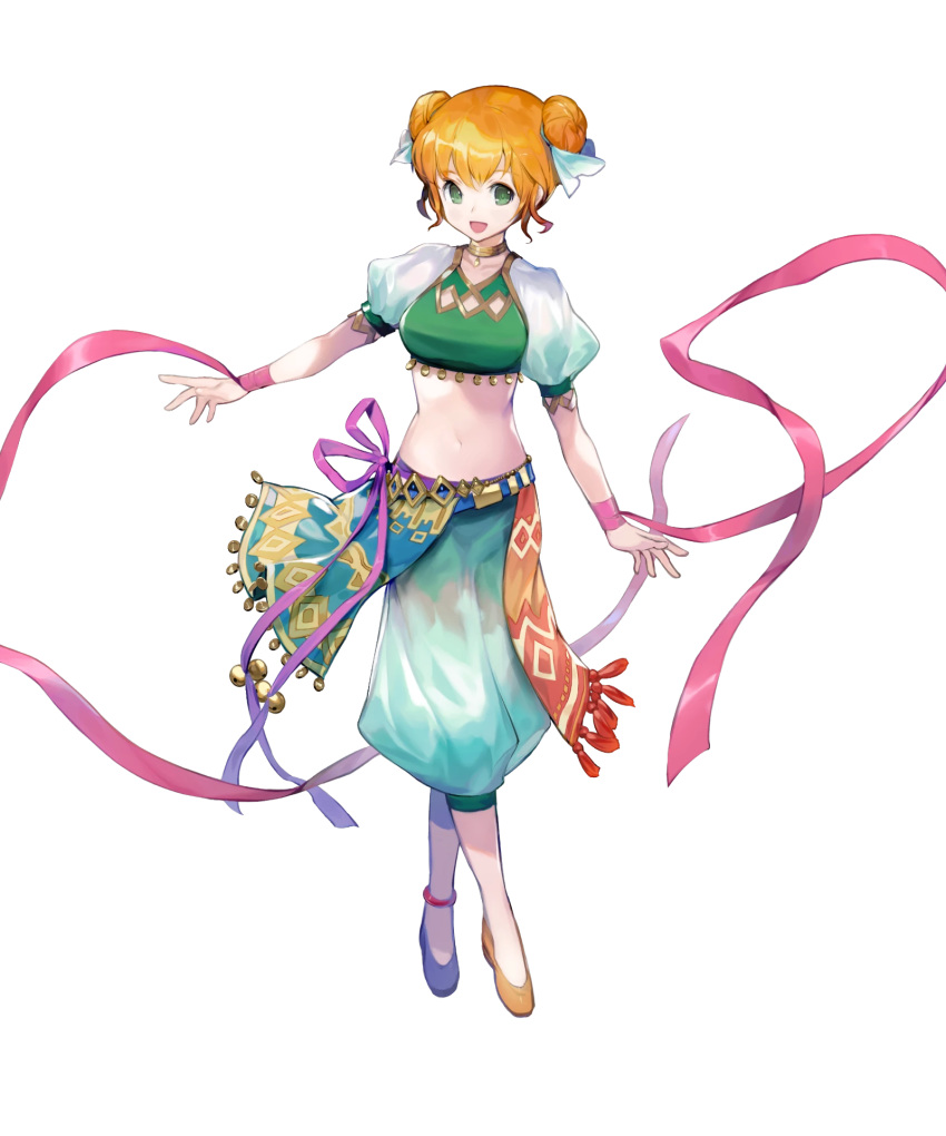 1girl ballerina bangs breasts double_bun fire_emblem fire_emblem:_the_binding_blade fire_emblem_heroes full_body green_eyes highres kawasumi_mahiro larum_(fire_emblem) medium_breasts midriff navel official_art orange_hair pants shiny shiny_hair shoes short_sleeves solo stomach tied_hair transparent_background