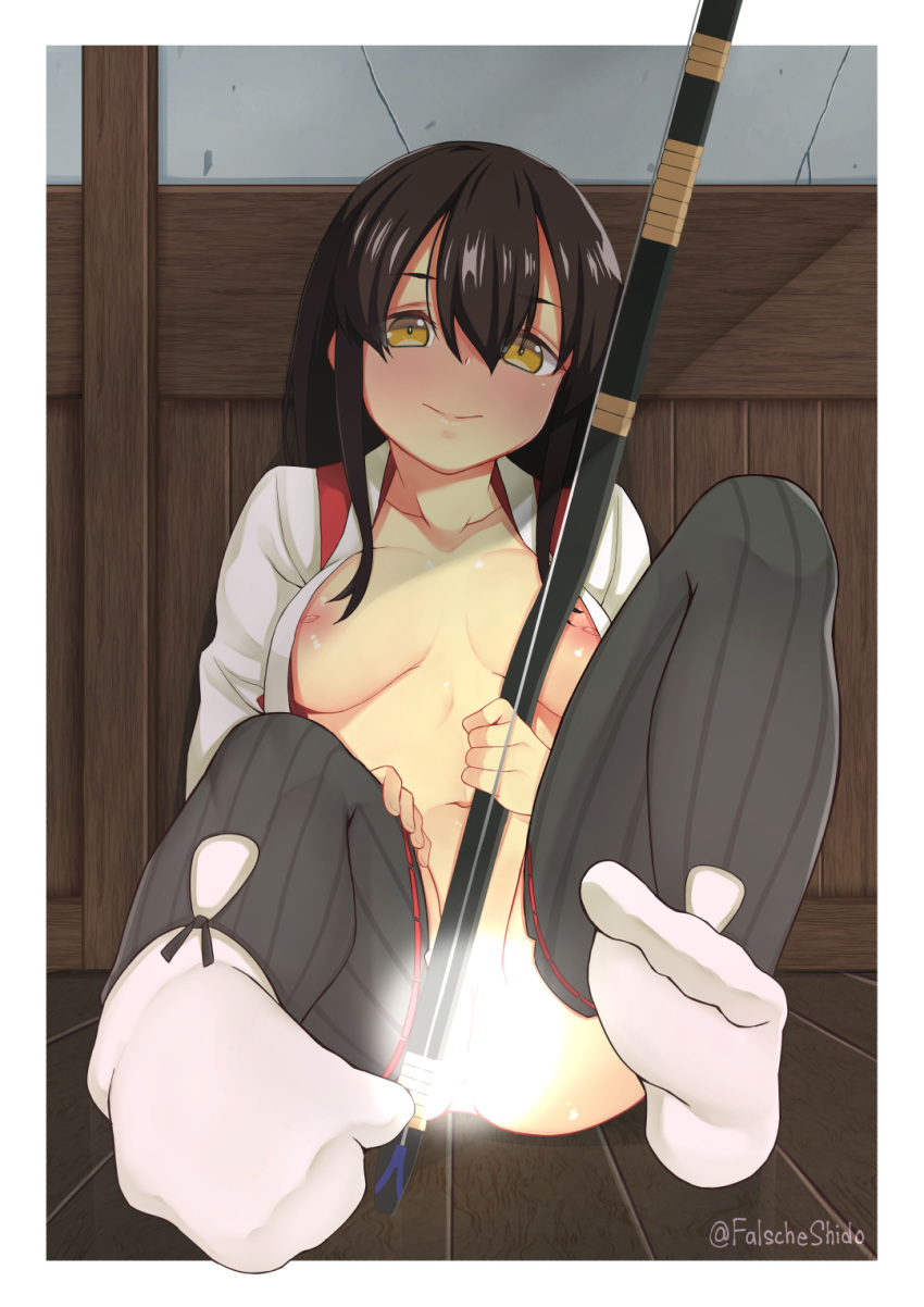 1girl against_wall akagi_(kantai_collection) archery artist_name bangs blush bow_(weapon) breasts brown_hair censored cleavage closed_mouth commission crack cracked_wall falsche.shido hair_between_eyes highres indoors inverted_nipples japanese_clothes kantai_collection kyuudou large_breasts long_hair looking_at_viewer nipples open_clothes sitting smile solo spread_legs straight_hair thighhighs twitter_username wall weapon yellow_eyes