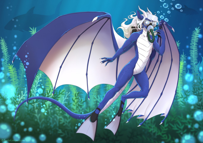 2019 5_fingers anthro blue_body blue_scales digital_media_(artwork) dragon fingers hair kyotoleopard male membrane_(anatomy) membranous_wings nude scales scalie solo this_was_an_invalid_tag_name underwater water western_dragon white_hair wings