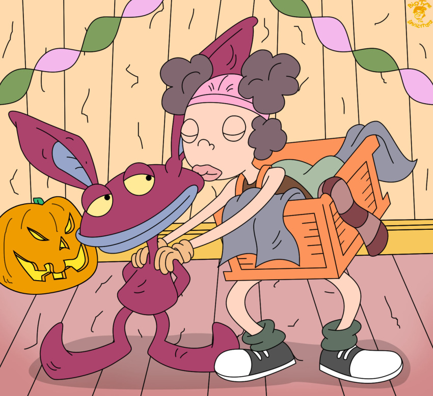 aaahh!!!_real_monsters bigtyme black_eyes brown_hair clothing eyes_closed female food fruit hair halloween hi_res holidays ickis jack-o'-lantern kissing laundry_hamper_girl male nickelodeon on_model plant pumpkin purple_body purple_skin smile streamers underwear underwear_on_head yellow_sclera