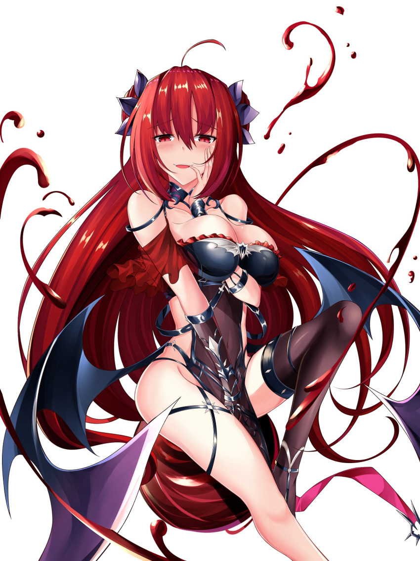 1girl :d ahoge arm_between_breasts bangs bare_shoulders blush bow breasts choker cleavage covered_navel double_bun dress erze_(king's_raid) eyebrows_visible_through_hair fangs hair_between_eyes hair_ornament highres king's_raid large_breasts long_hair looking_at_viewer open_mouth panties red_eyes red_hair simple_background smile solo thighhighs thighs underwear very_long_hair white_background yan_lie