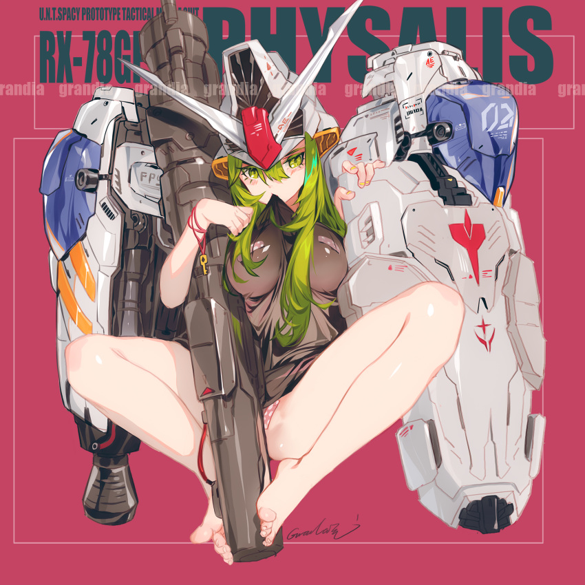 bandaid bandaids_on_nipples barefoot bazooka_(gundam) feet fingernails grandialee green_eyes green_hair gundam gundam_0083 gundam_gp-02_physalis highres key long_hair mecha_musume no_pants pasties see-through shield soles tagme toes v-fin