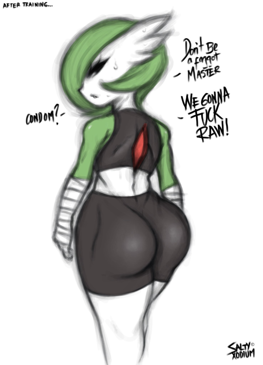 2019 anthro athletic big_butt bottomwear butt clothed clothing dialogue digital_media_(artwork) english_text female gardevoir hair hi_res humanoid looking_back mammal muscular nintendo not_furry pants pok&eacute;mon pok&eacute;mon_(species) saltyxodium signature simple_background solo solo_focus text topwear video_games