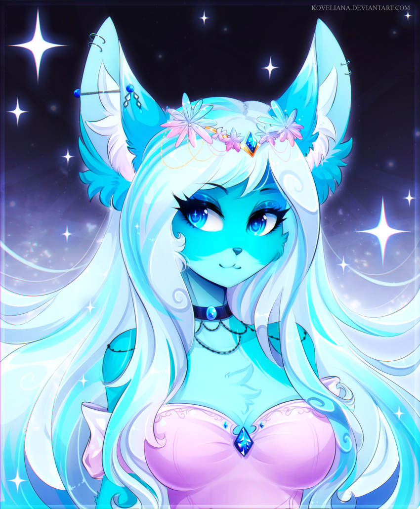 2019 absurd_res anthro blue_body blue_fur breasts canid canine clothed clothing digital_media_(artwork) eyebrows eyelashes female fur hair hi_res koveliana mammal smile solo white_hair