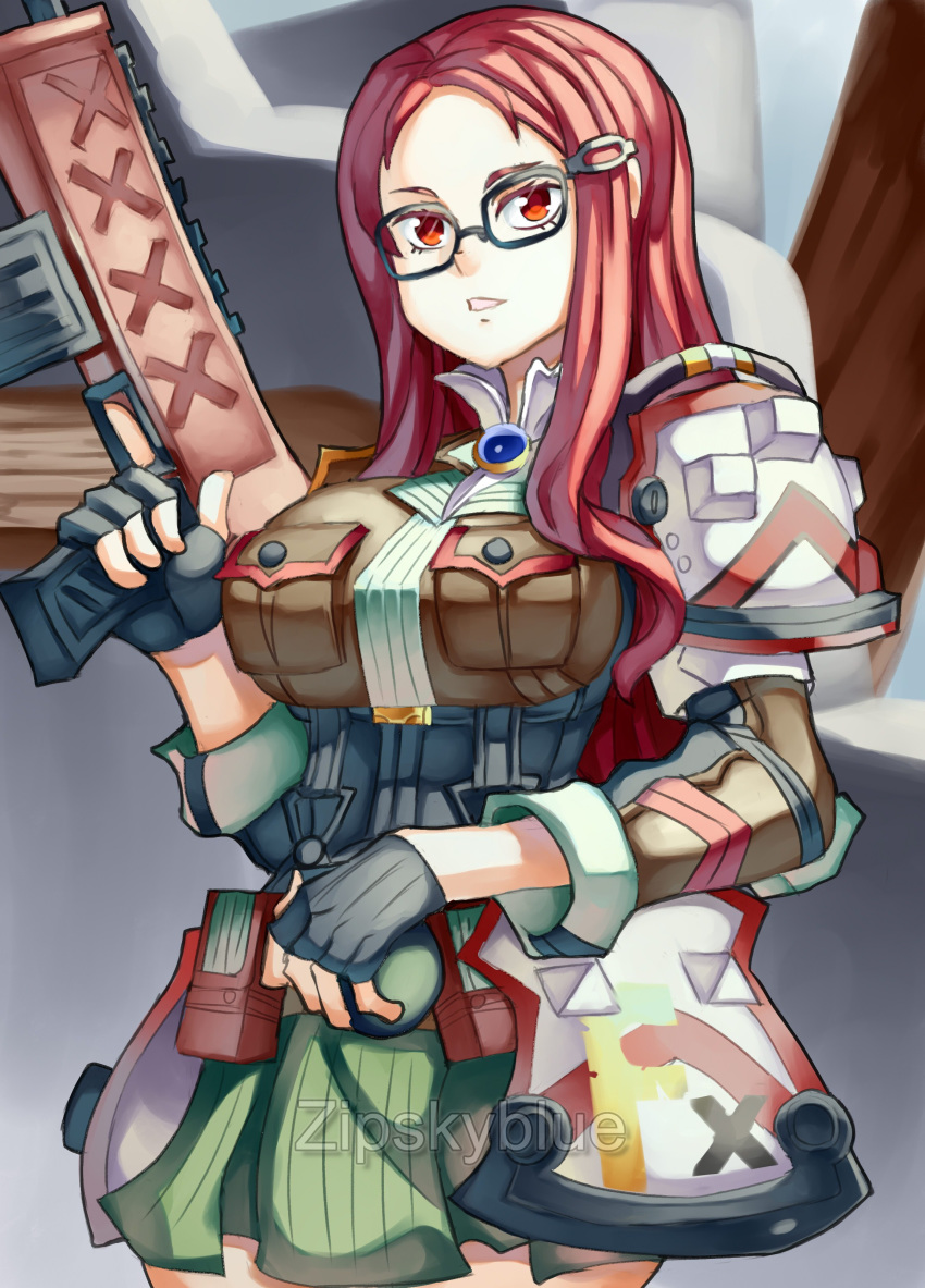 1girl absurdres breast_pocket breasts glasses gloves gun hair_ornament highres holding large_breasts minerva_victor open_mouth pocket red_eyes red_hair ryukenden senjou_no_valkyria senjou_no_valkyria_4 shoulder_armor solo weapon