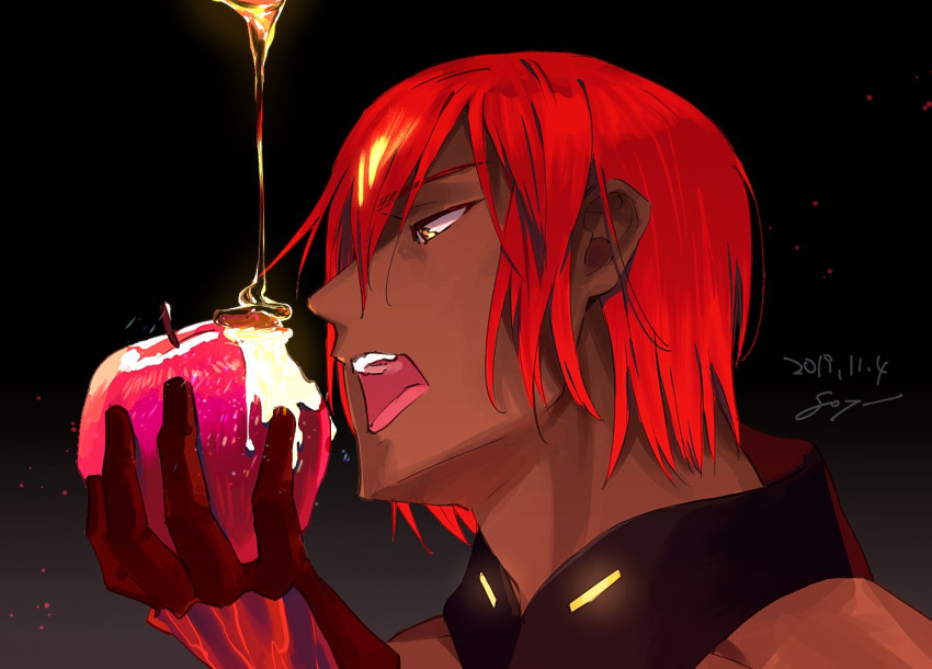 1boy apple ashwatthama_(fate/grand_order) bitten_apple black_background dark_skin dark_skinned_male fate/grand_order fate_(series) food fruit goya_(xalbino) holding holding_food holding_fruit honey male_focus open_mouth red_apple red_hair simple_background solo yellow_eyes yonic_symbol
