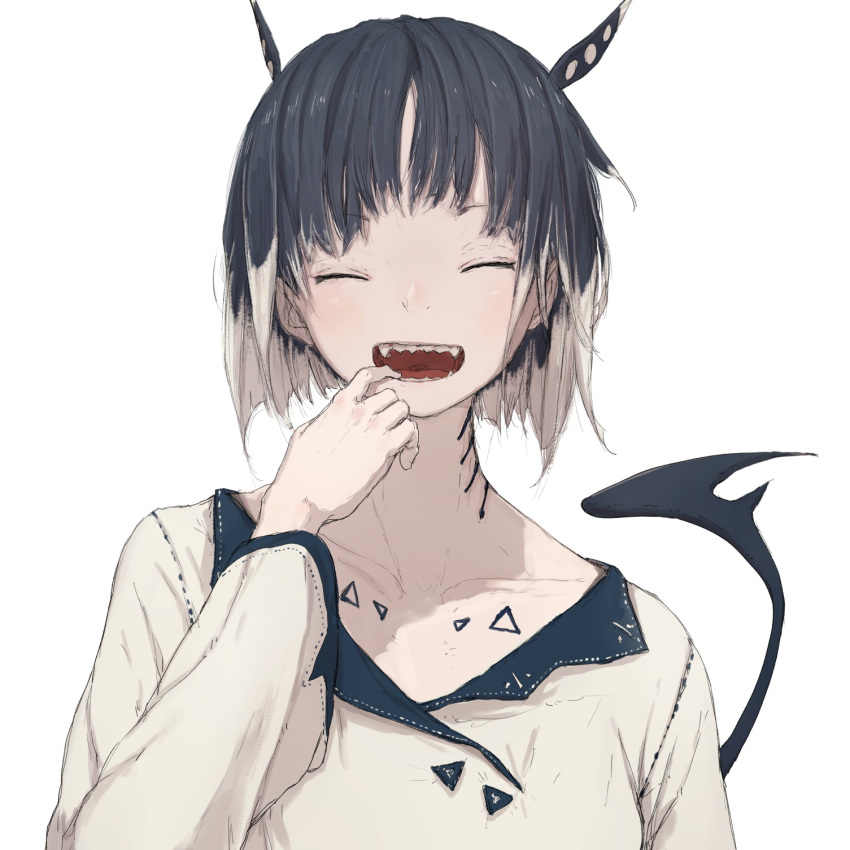 ^_^ bangs black_hair closed_eyes facing_viewer finger_in_mouth grill happy highres laughing long_sleeves multicolored_hair open_mouth original sharp_teeth short_hair simple_background solo tail teeth two-tone_hair upper_body white_background white_hair yohami_raiko yushika