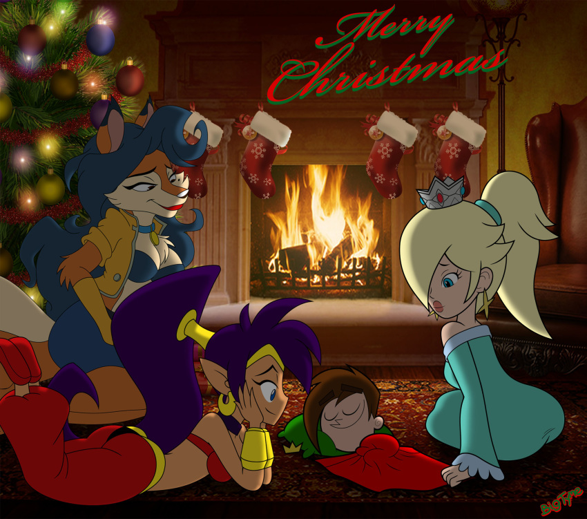 bigtyme black_eyes blonde_hair blue_eyes blue_hair breasts brown_hair canid canine carmelita_fox christmas christmas_tree cleavage clothed clothing crown female fireplace fox fur hair hi_res holidays human humanoid legwear male mammal mario_bros nintendo orange_body orange_fur ornament ponytail purple_hair rosalina_(mario) ryan_(heartlessslayer) shantae shantae_(series) sleeping sly_cooper_(series) sony_corporation sony_interactive_entertainment stockings sucker_punch_productions super_mario_galaxy tree video_games wayforward