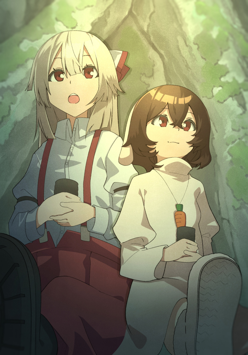 2girls animal_ears armband black_hair boots bow bunny_ears carrot_necklace cup dress dress_shirt floppy_ears fujiwara_no_mokou hair_between_eyes hair_bow hands_together highres inaba_tewi long_sleeves multiple_girls nurupo_(abooon) open_mouth pants red_eyes red_pants shirt shoes silver_hair suspenders touhou upper_teeth white_shirt yunomi