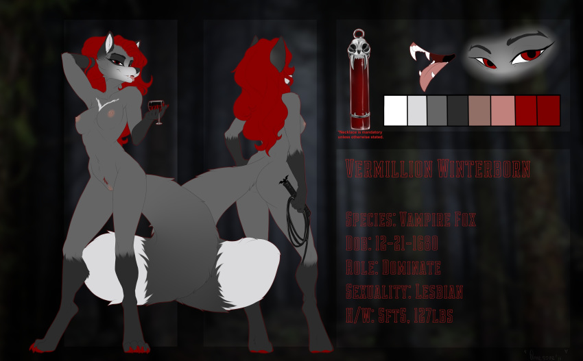 2019 4_toes 5_fingers anthro areola breasts canid canine digital_media_(artwork) eyebrows eyelashes female fingers fox fur grey_body grey_fur hair hi_res mammal model_sheet nipples omesore pussy red_eyes red_hair solo toes vermillion whip