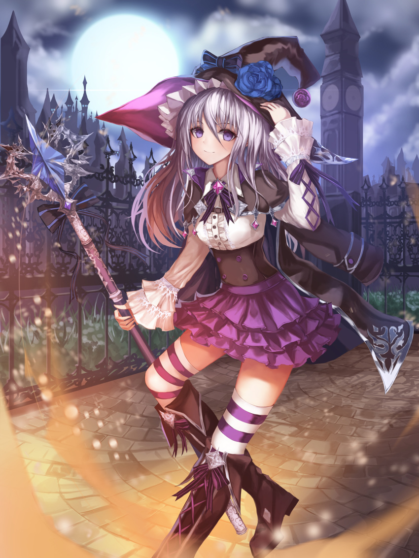 1girl black_footwear black_headwear black_jacket boots bow clock clock_tower commentary fence flower full_moon hand_up hat hat_bow hat_flower highres holding holding_staff jacket jacket_removed long_sleeves luc_(kor) moon night original outdoors purple_skirt silver_hair skirt solo staff standing striped striped_legwear tower wizard_hat