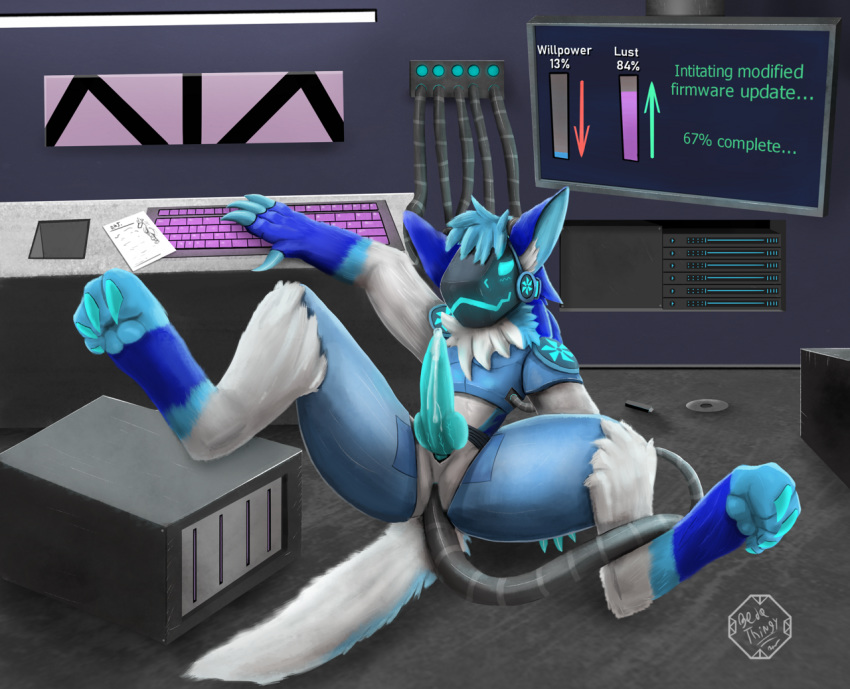 2019 4_fingers 4_toes anal anal_penetration animal_genitalia animal_penis anthro bedethingy blue_body blue_ears blue_eyes blue_fur blue_hair blue_penis blush bodily_fluids canine_penis claws detailed_background digital_media_(artwork) digitigrade erection fingers fur genital_fluids glowing glowing_genitalia glowing_markings glowing_penis hair inside knot laboratory lying machine male markings multicolored_body nude penetration penis precum protogen robot screen signature solo spread_legs spreading toe_claws toes wire