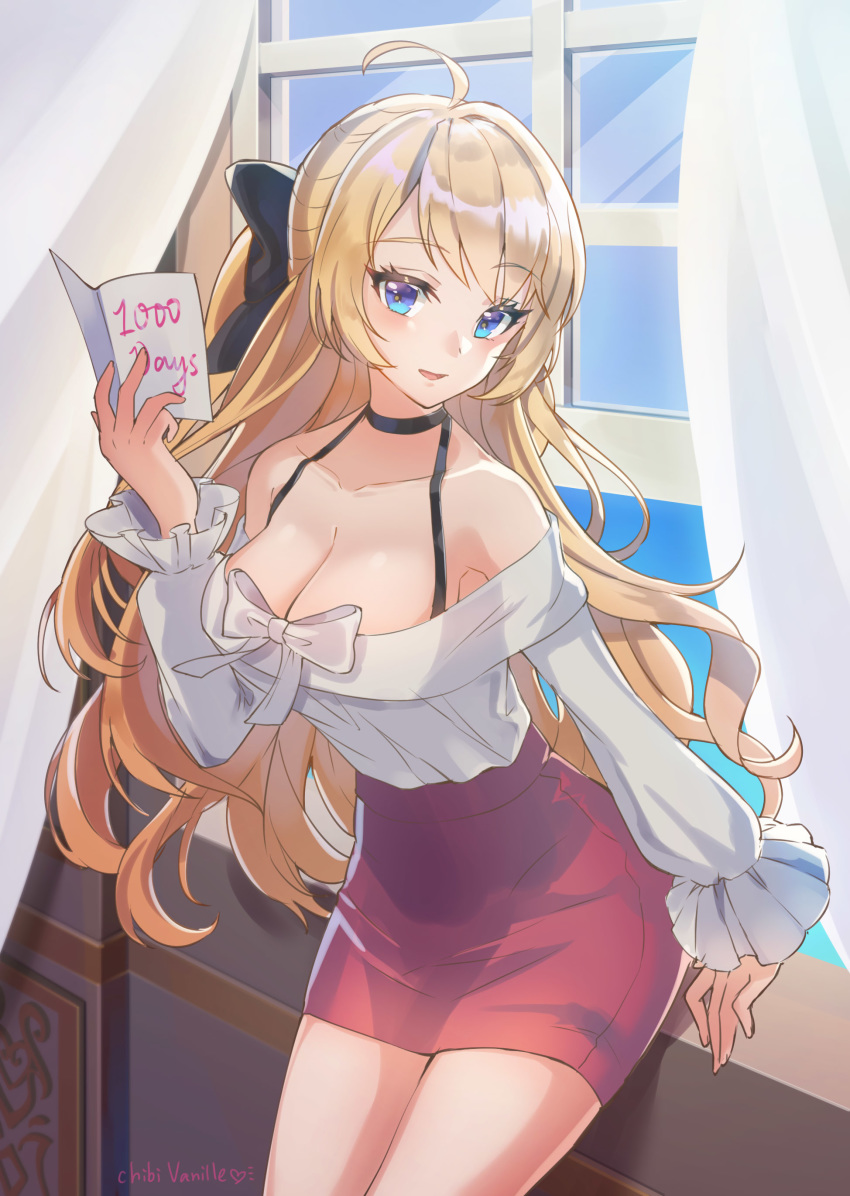 1girl absurdres ahoge artemia_(king's_raid) artist_name blonde_hair blue_eyes bow breasts chibi_vanille choker cleavage collarbone curtains day hair_bow halterneck hand_up high-waist_skirt highres holding indoors king's_raid large_breasts long_hair long_sleeves looking_at_viewer miniskirt off-shoulder_shirt off_shoulder parted_lips pencil_skirt pink_skirt shirt skirt smile solo thighs very_long_hair white_bow white_shirt window