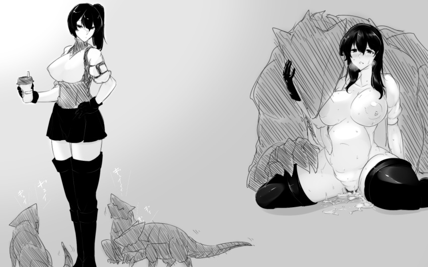 1girl after_sex after_vaginal bestiality blush breath cum cum_in_pussy cum_pool cumdrip gloves highres interspecies japanese_clothes kaga_(kantai_collection) kantai_collection karakure_(kamo-nanban) long_hair monochrome monster pregnant pussy side_ponytail simple_background skirt spread_legs thighhighs