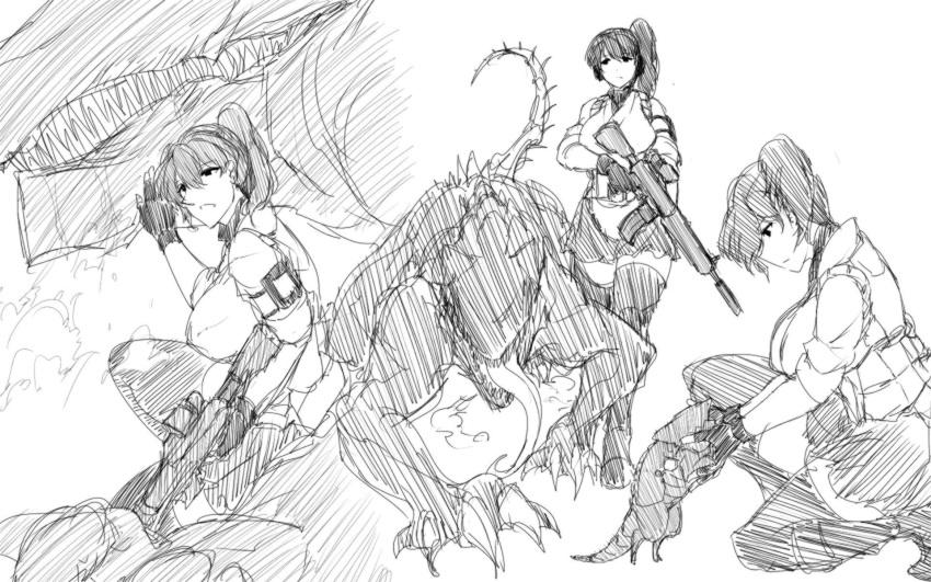1girl bestiality boots claws commentary commentary_request gun headset highres interspecies japanese_clothes kaga_(kantai_collection) kantai_collection karakure_(kamo-nanban) long_hair monochrome monster saliva side_ponytail simple_background sketch thigh_boots thighhighs tongue weapon white_background