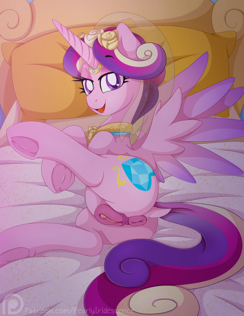 2019 accessory alternate_hairstyle anus bed bedroom butt clitoris cutie_mark digital_media_(artwork) dock equid eyelashes female flower flower_in_hair friendship_is_magic furniture hair hair_accessory hi_res hooves horn horn_ring inside looking_at_viewer mammal multicolored_hair multicolored_tail my_little_pony on_bed open_mouth open_smile patreon pearlyiridescence pillow plant princess_cadance_(mlp) purple_eyes pussy smile solo spread_legs spreading text underhoof url veil winged_unicorn wings