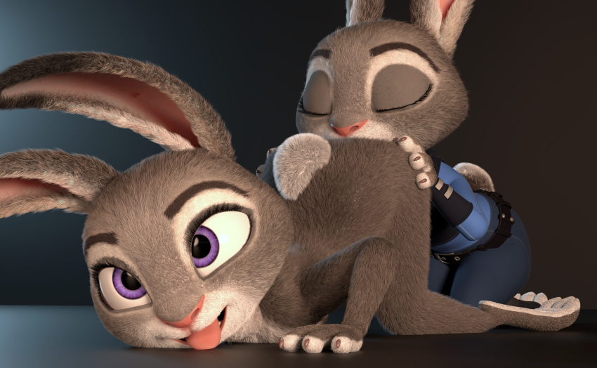 2019 3_fingers 3d_(artwork) 6_toes anal anthro bottomwear butt chickenass clone clothed clothing digital_media_(artwork) disney duo female fingers fully_clothed fur grey_body grey_fur hi_res judy_hopps lagomorph leporid mammal nude open_mouth oral pants police_uniform purple_eyes rabbit rimming selfcest sex shirt simple_background smile square_crossover toes tongue tongue_out topwear uniform white_body white_fur zootopia