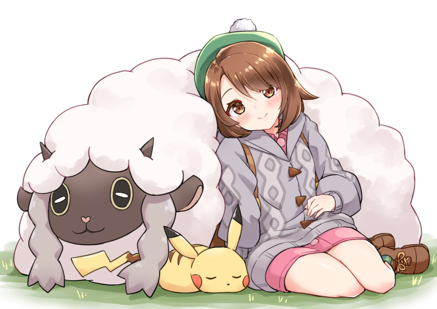 1girl :3 backpack bag bangs blush brown_eyes brown_hair cardigan closed_eyes commentary_request dress eyebrows_visible_through_hair female_protagonist_(pokemon_swsh) gen_8_pokemon green_headwear grey_cardigan hat horns long_sleeves looking_at_viewer pikachu pink_dress pokemon pokemon_(creature) pokemon_(game) pokemon_swsh profnote sheep short_hair simple_background sitting sleeping smile tam_o'_shanter white_background wooloo