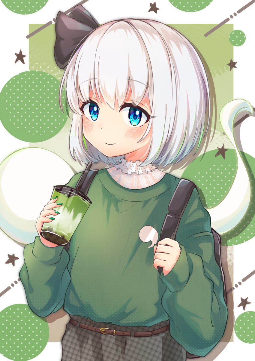 1girl absurdres adapted_costume bangs belt belt_buckle black_ribbon blush bob_cut buckle closed_mouth cup disposable_cup eyebrows_visible_through_hair fingernails frills green_nails green_sweater hair_ribbon highres holding holding_cup konpaku_youmu konpaku_youmu_(ghost) long_fingernails long_sleeves multicolored multicolored_background nail_polish plaid puffy_long_sleeves puffy_sleeves ribbon short_hair silver_hair sleeves_past_wrists smile solo star suguharu86 sweater touhou upper_body