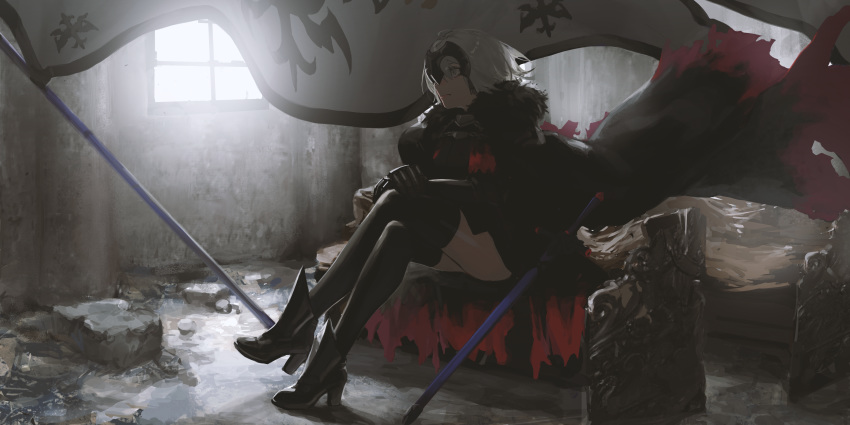 1girl absurdres ankle_boots armor armored_dress bench black_dress black_legwear boots commentary_request crossed_legs dress fate/grand_order fate_(series) flag fur_trim gauntlets headpiece high_heel_boots high_heels highres indoors jeanne_d'arc_(alter)_(fate) jeanne_d'arc_(fate)_(all) k1llg ruins silver_hair sitting solo thighhighs window