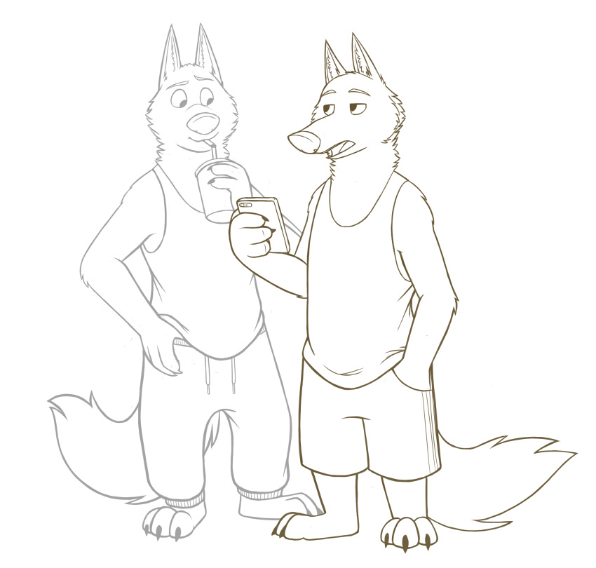 anthro bottomwear canid canine canis cellphone cheek_tuft clothed clothing disney drinking duo facial_tuft fluffy fluffy_tail fully_clothed gary_(zootopia) hand_in_pocket hi_res holding_cellphone holding_cup holding_object holding_phone inner_ear_fluff larry_(zootopia) looking_at_another mammal neck_tuft pants phone pockets shirt shorts simple_background skunkbutt_(artist) straw tank_top topwear tuft white_background wolf zootopia