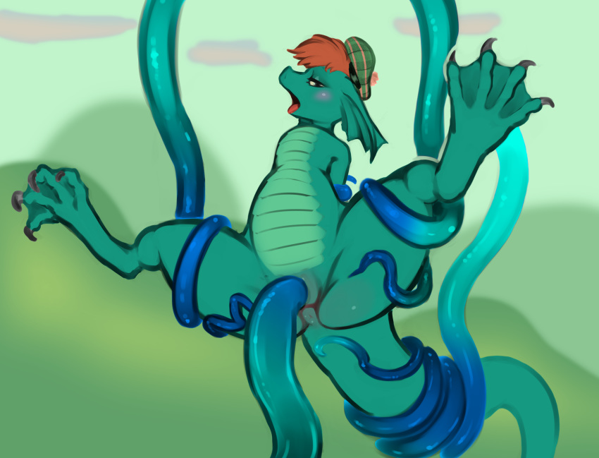 2019 4_toes absurd_res anthro anus biped bound claws color_edit colored digital_media_(artwork) ear_frill edit featureless_chest female flat_chested frill_(anatomy) green_body green_scales hair hands_behind_back hi_res loch_ness_monster long_tail looking_at_viewer membrane_(anatomy) multicolored_body multicolored_scales napalm_express nessie open_mouth orange_hair outside penetration pussy reptile rubrad scales scalie short_hair simple_background spread_legs spreading tam_o'_shanter tentacle_sex tentacles thick_tail toe_claws toes two_tone_body two_tone_scales vaginal vaginal_penetration webbed_feet