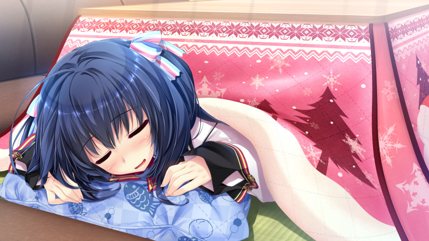 blue_hair clochette game_cg kokorone=pendulum! kotatsu oshiki_hitoshi sleeping tatenokawa_tsumuri