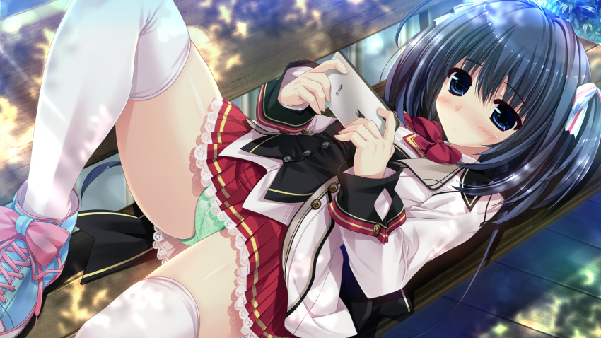 blue_eyes blue_hair blush clochette game_cg kokorone=pendulum! oshiki_hitoshi panties phone school_uniform tatenokawa_tsumuri thighhighs underwear