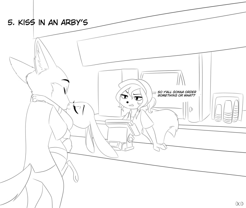 2019 annoyed anthro black_and_white bottomwear canid canine clothed clothing comic dialogue diana_rayablanca disney english_text fox fully_clothed group inside judy_hopps lagomorph leporid mammal mephitid monochrome nick_wilde pants rabbit red_fox shirt skeletonguys-and-ragdolls skunk text topwear zootopia