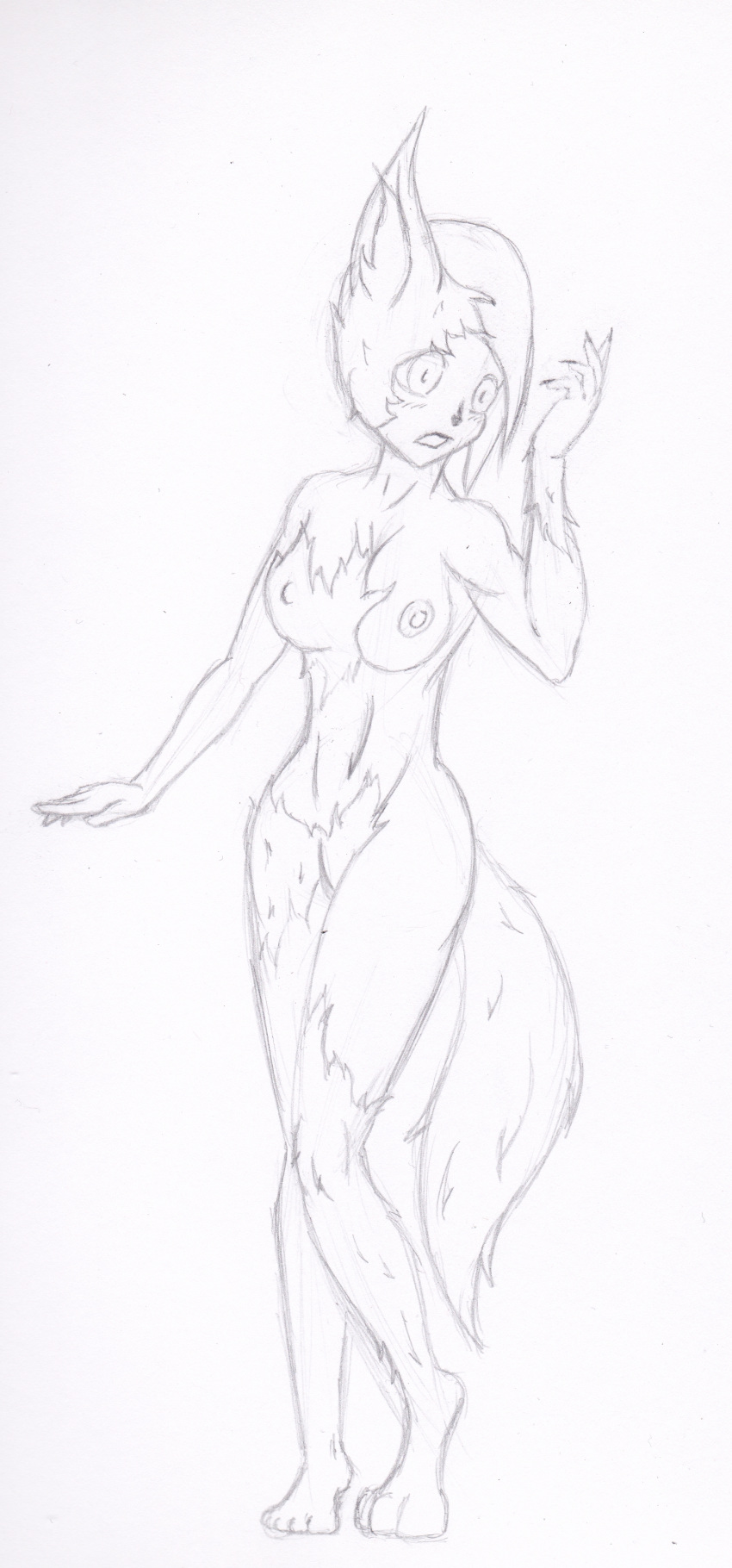 2019 absurd_res blush breasts canid female fur hair hi_res human mammal monochrome nipples nude open_mouth simple_background sketch solo transformation tunrae
