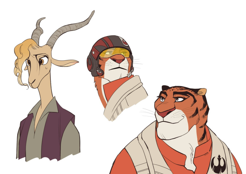 2016 antelope armor baan bangs black_ears black_eyebrows black_stripes blonde_hair bovid clothing countershading crossover disney eyebrows felid female flight_suit flightsuit fur gazelle gazelle_(zootopia) hair headgear helmet horn leia_organa long_neck male mammal mic microphone orange_body orange_fur pantherine pilot poe_dameron rebel_starbird red_nose simple_background star_wars striped_body striped_fur stripes tan_body tan_fur tiger tiger_dancer_(zootopia) topwear vest whiskers white_background white_muzzle zootopia