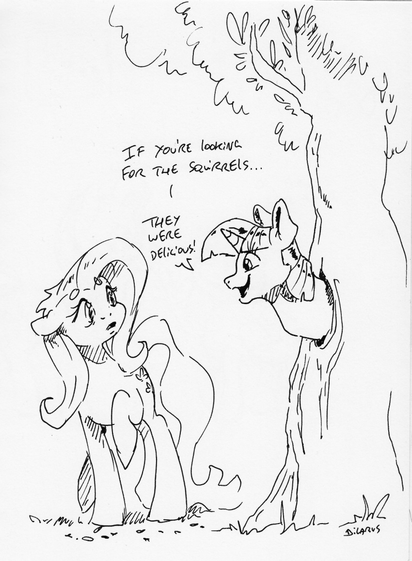 2019 black_and_white cutie_mark death dialogue dilarus duo english_text equid equine female feral fluttershy_(mlp) friendship_is_magic hair hi_res horn horse mammal monochrome my_little_pony pony text tree twilight_sparkle_(mlp) unicorn